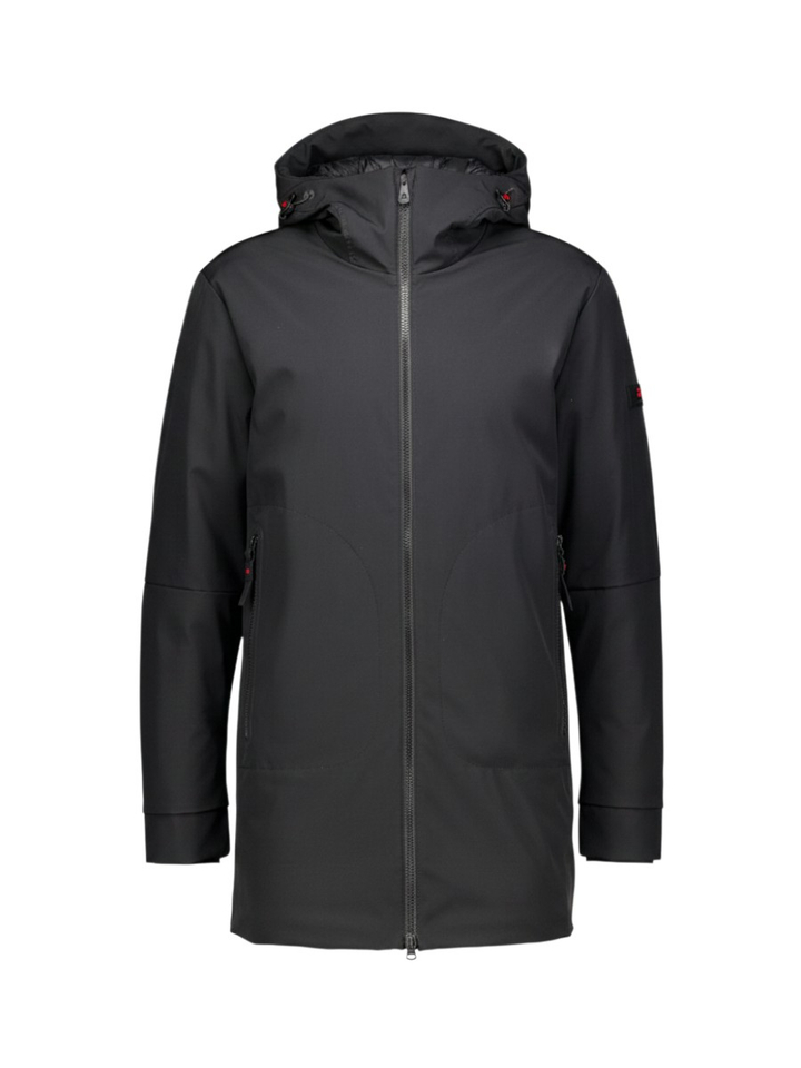 Halflange blauwe jas met rits en capuchon