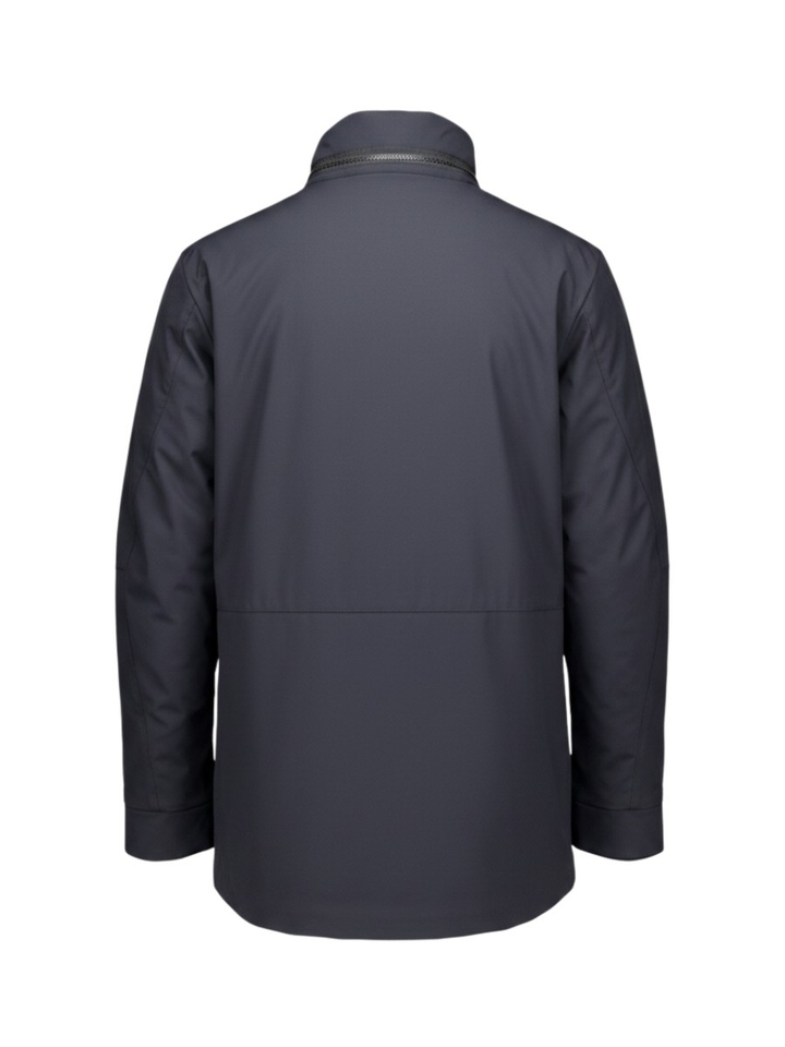 Donkerblauwe jas met rits en capuchon 