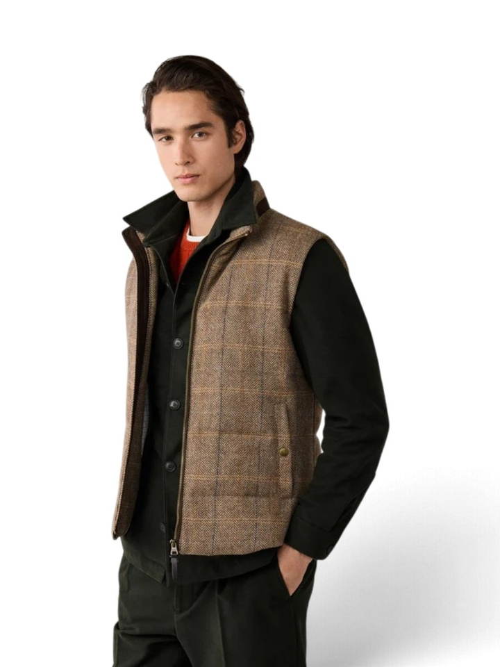 Bruine visgraat wollen bodywarmer met ruitpatroon Hackett