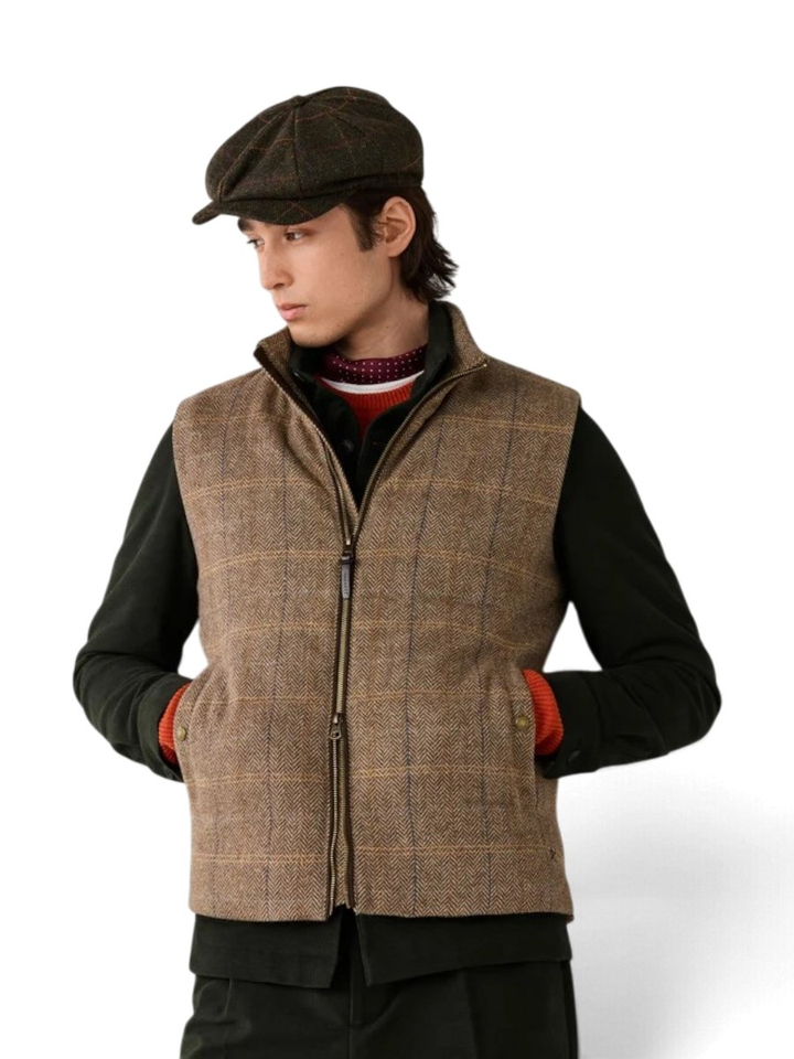 Bruine visgraat wollen bodywarmer met ruitpatroon Hackett