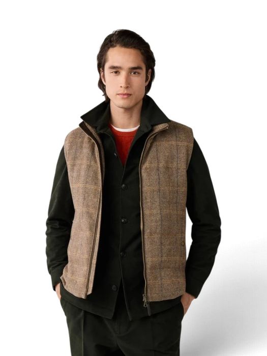 Bruine visgraat wollen bodywarmer met ruitpatroon Hackett