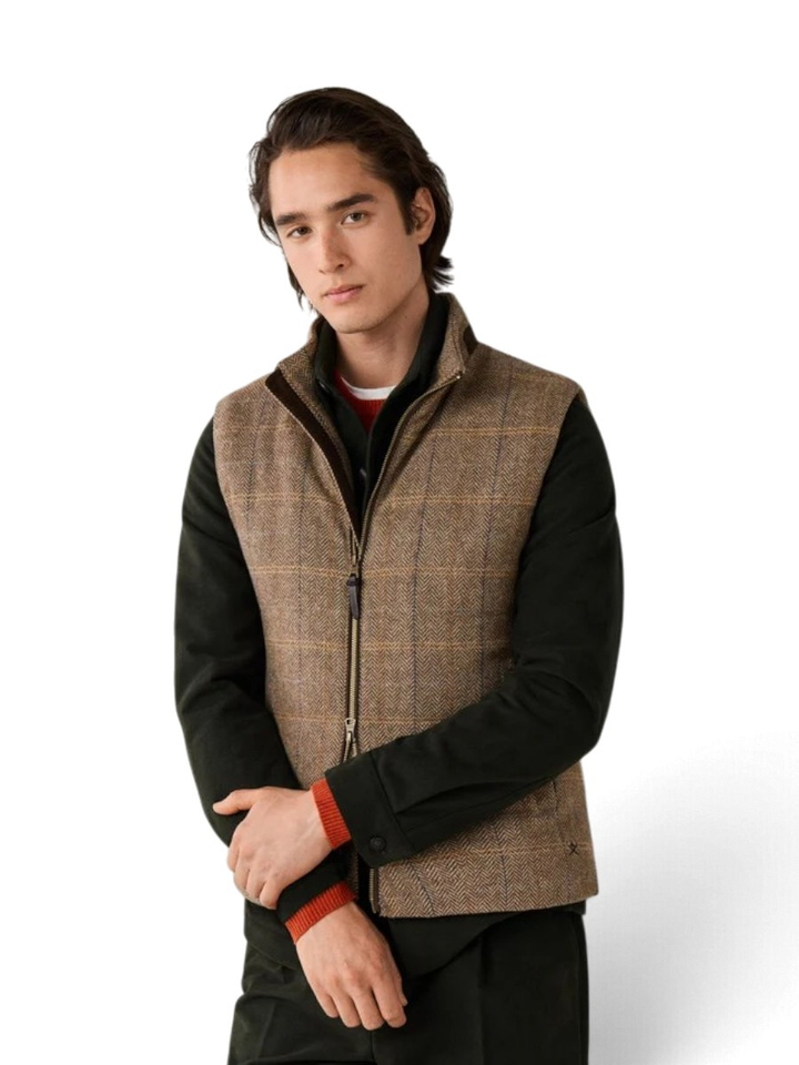 Bruine visgraat wollen bodywarmer met ruitpatroon Hackett