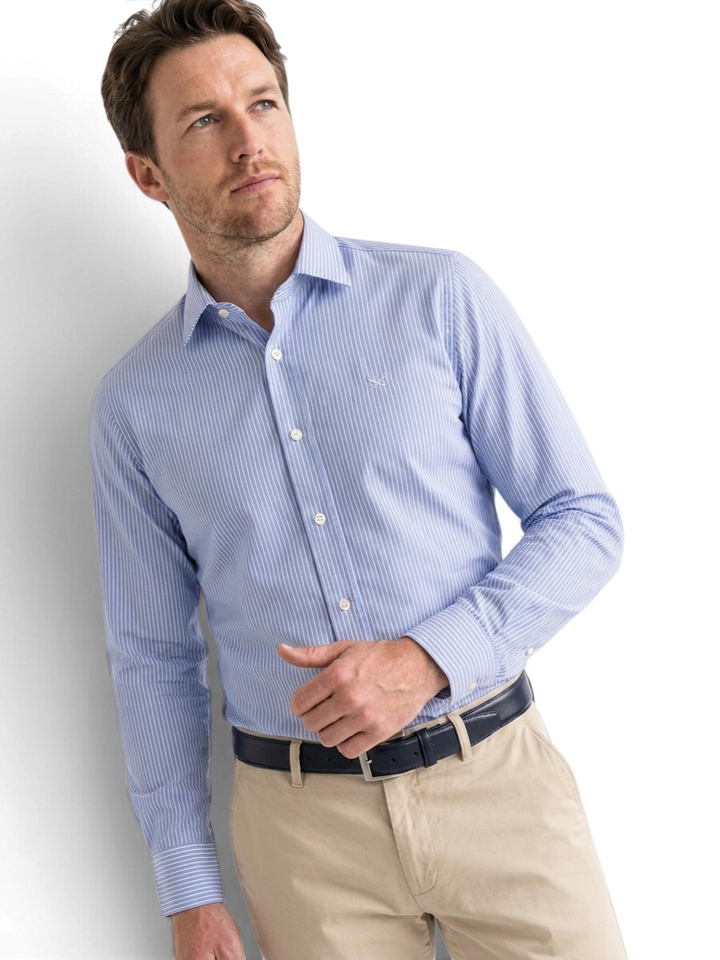 Blauw gestreept hemd met rode accenten Classic fit Hackett