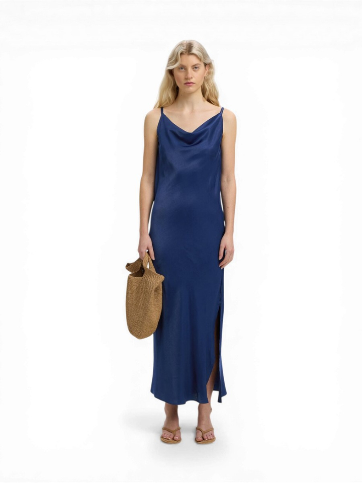 Donkerblauwe feestelijke maxi-jurk met split Selected 