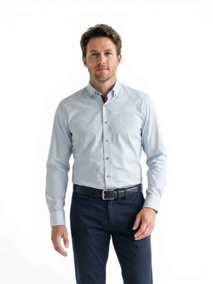 Blauw hemd met fijne print (body fit) met langemouwen Vanti