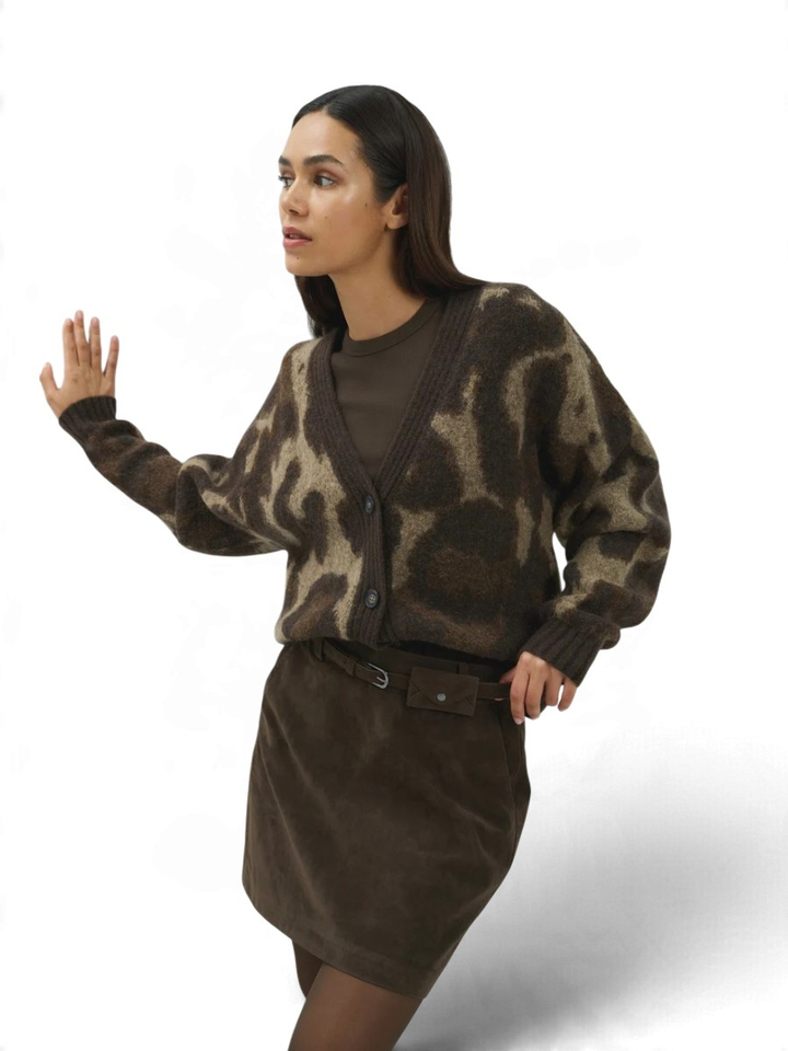 Bruine/beige cardigan in dierenprint met knopen Yaya