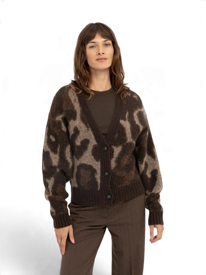 Bruine/beige cardigan in dierenprint met knopen Yaya