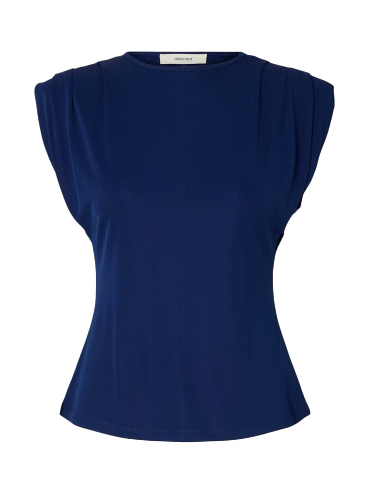 Blauwe t-shirt zonder mouwen met epauletten Selected