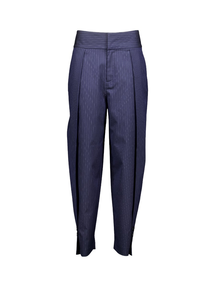 Navy blauwe pinstripe broek met bandplooien en aangesloten enkelmanchetten Haute L'amitie