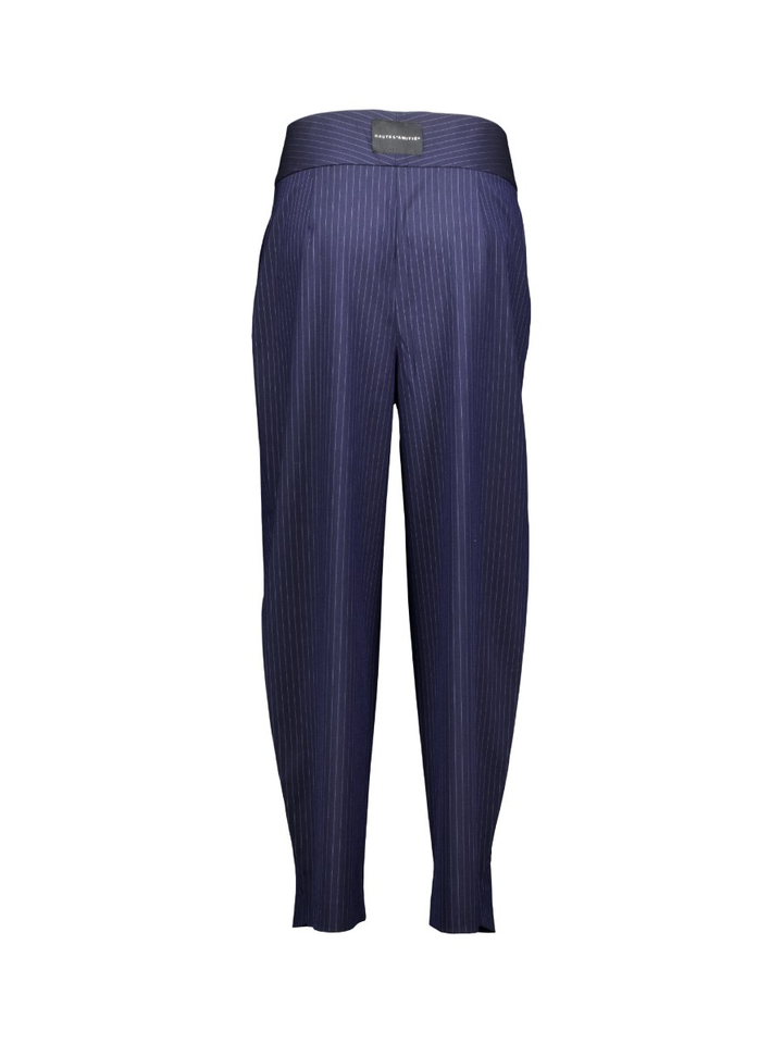 Navy blauwe pinstripe broek met bandplooien en aangesloten enkelmanchetten Haute L'amitie