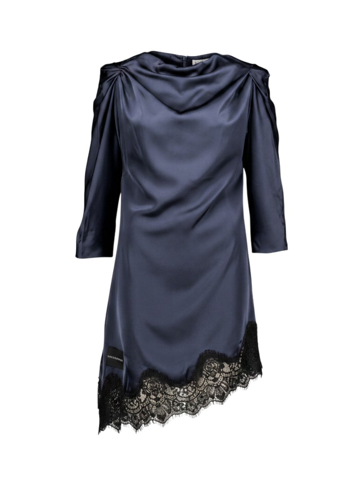 Blauwe glanzende jurk met kant Haute L'amitié 