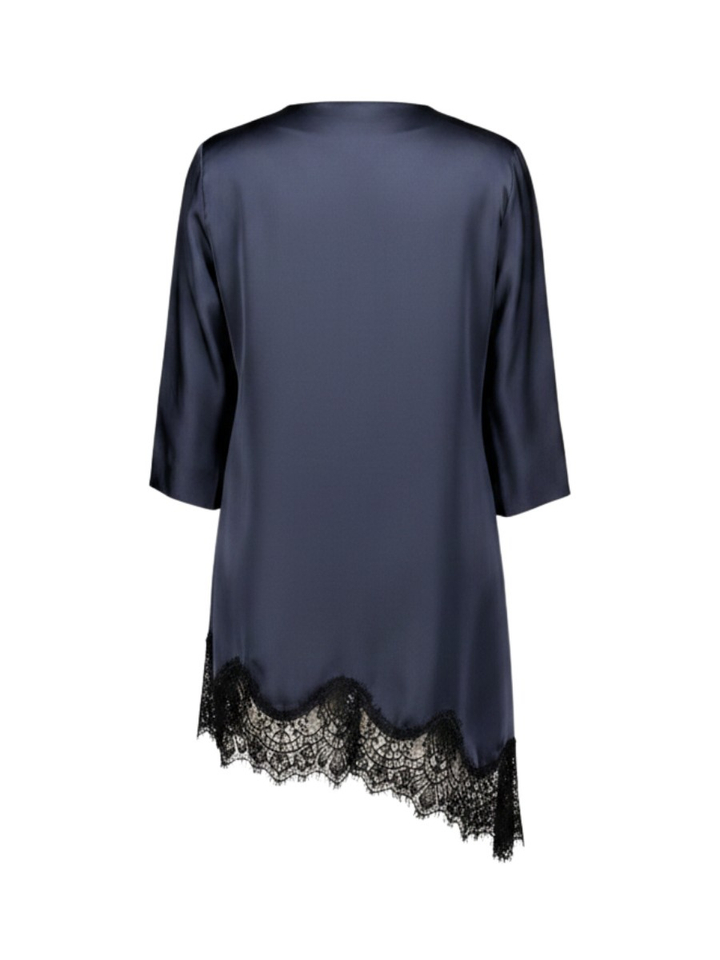 Blauwe glanzende jurk met kant Haute L'amitié 
