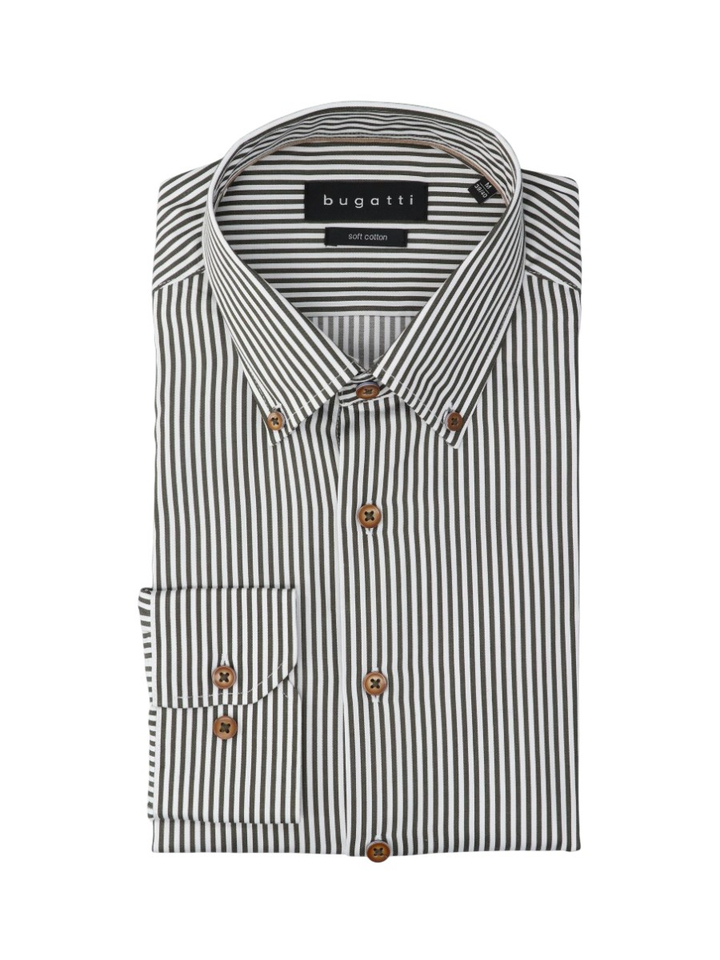 Wit katoenen hemd (slim fit) met groene strepen en lange mouwen Bugatti