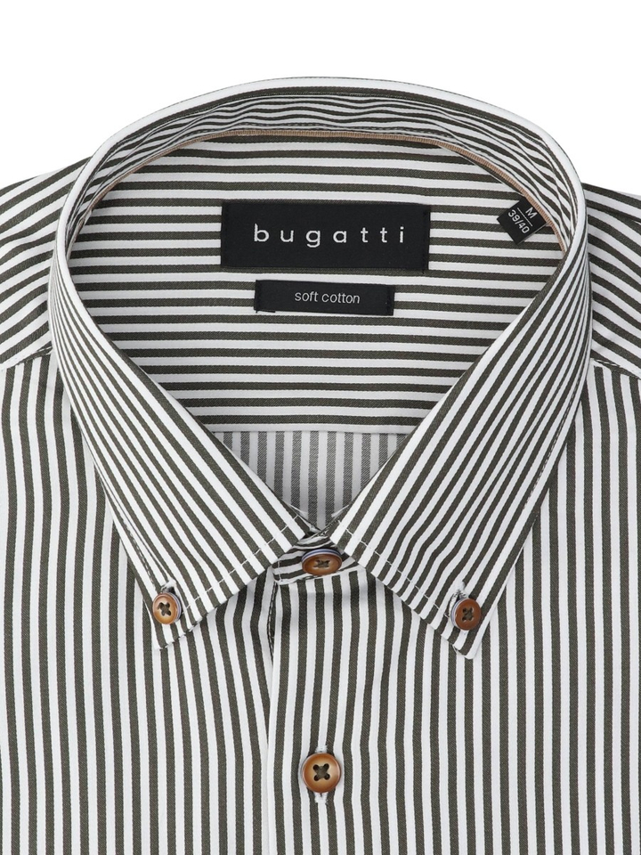 Wit katoenen hemd (slim fit) met groene strepen en lange mouwen Bugatti