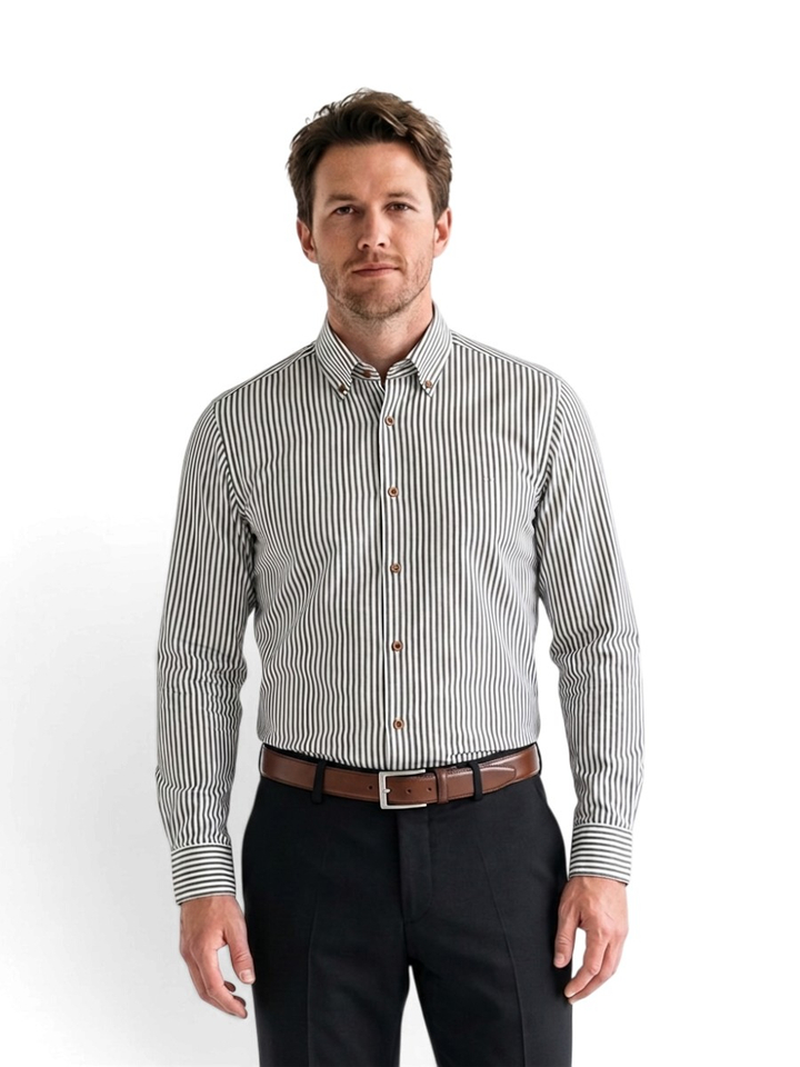 Wit katoenen hemd (slim fit) met groene strepen en lange mouwen Bugatti 