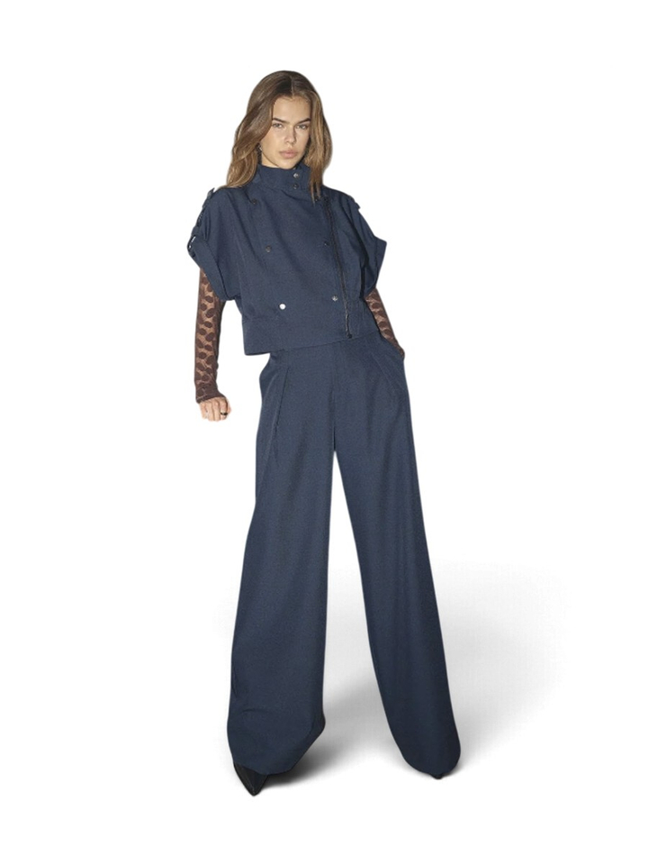 Navy blauwe wijde broek met bandplooien Co'Couture