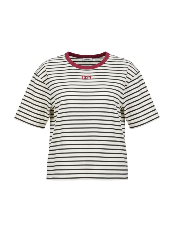 Zwart gestreepte t-shirt met bordeauxrode hals Wallis Indee