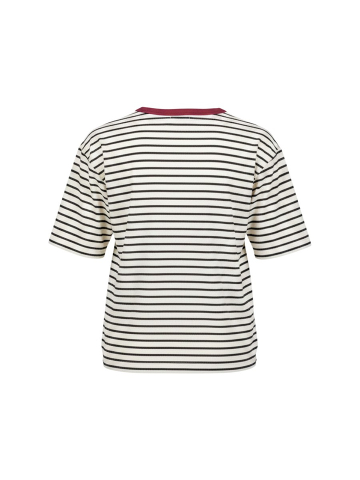 Zwart gestreepte t-shirt met bordeauxrode hals Wallis Indee