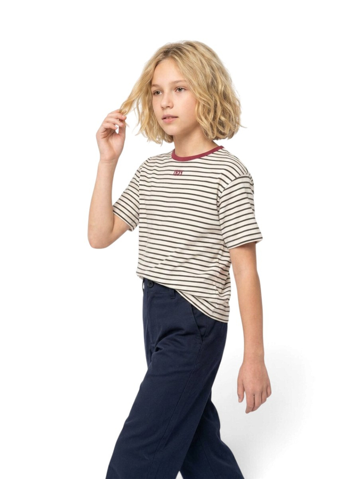 Zwart gestreepte t-shirt met bordeauxrode hals Wallis Indee