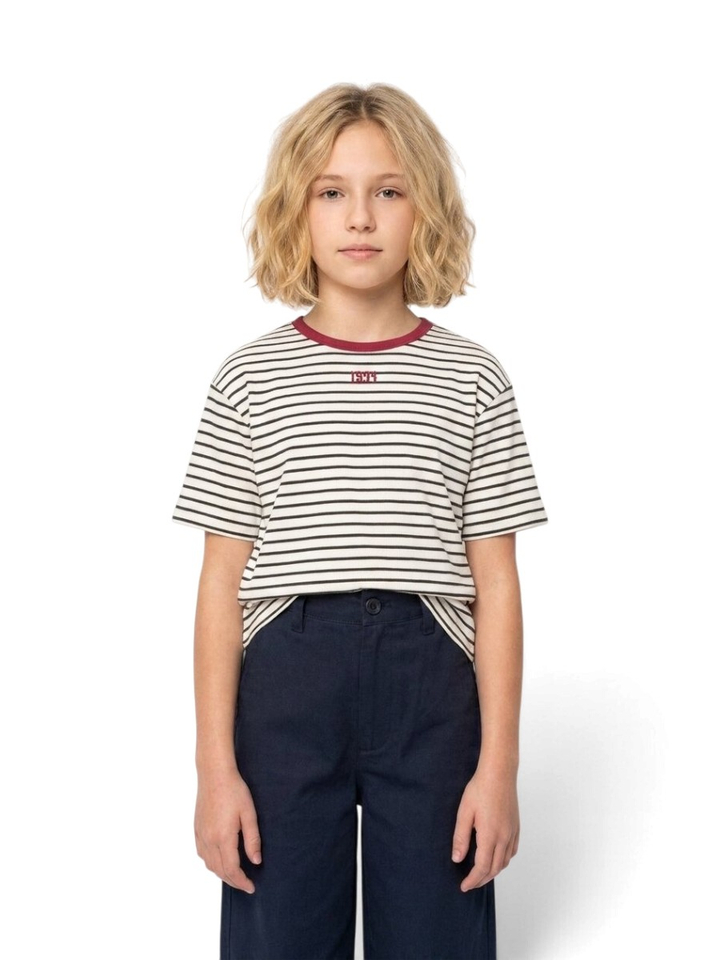 Zwart gestreepte t-shirt met bordeauxrode hals Wallis Indee