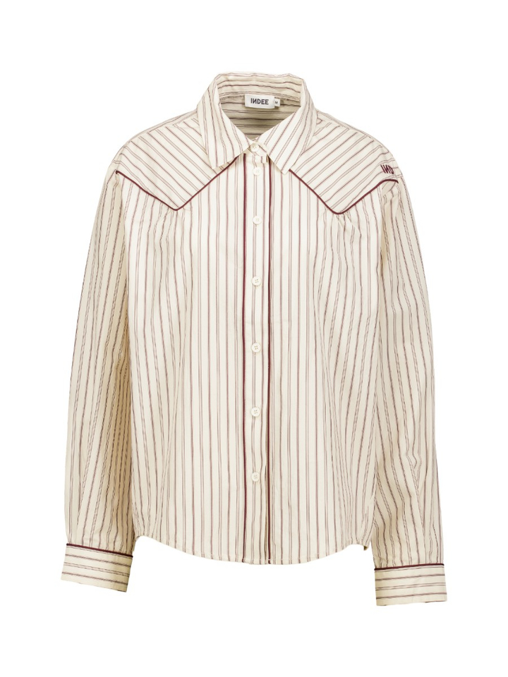 Merlot Red en beige gestreepte blouse Wardrobe Indee