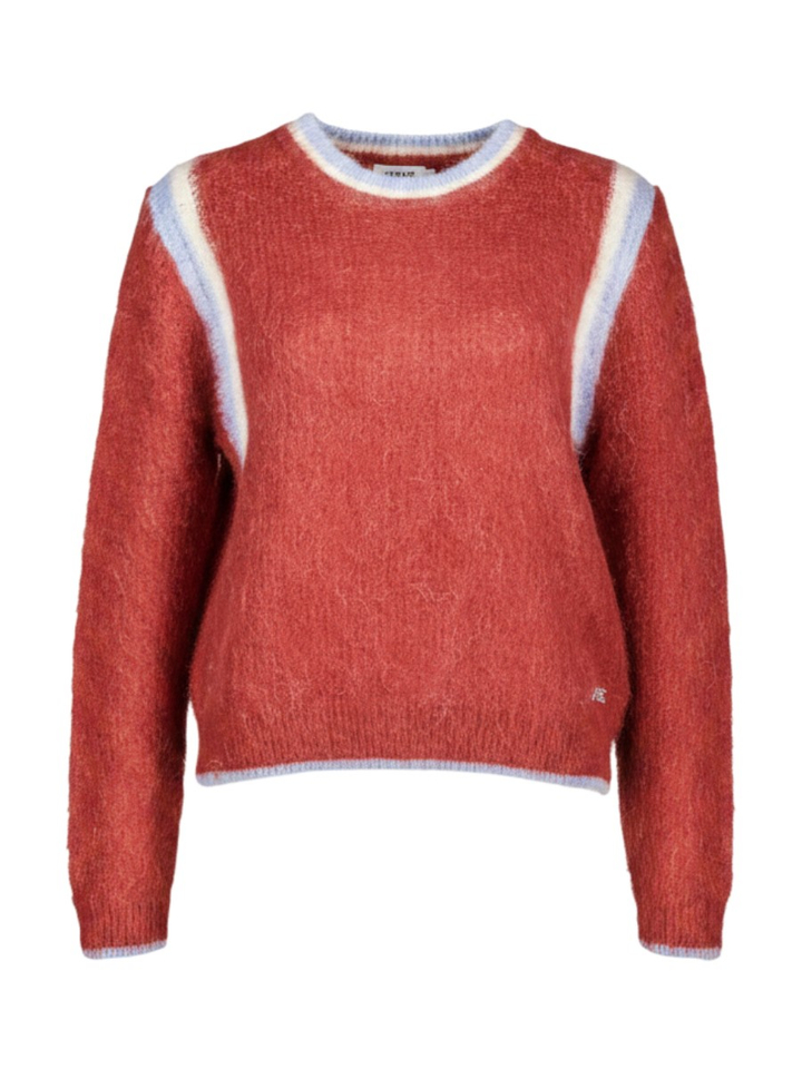 Merlot red gebreide pull met blauw/ecru afwerking