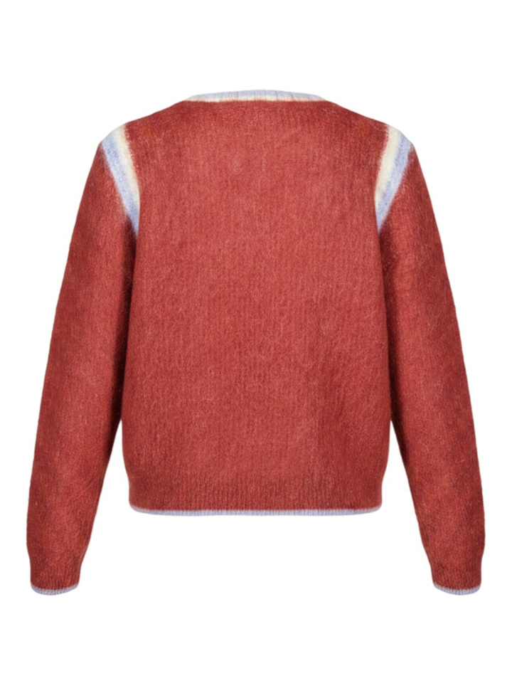 Merlot red gebreide pull met blauw/ecru afwerking