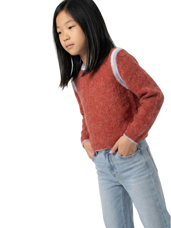 Merlot red gebreide pull met blauw/ecru afwerking