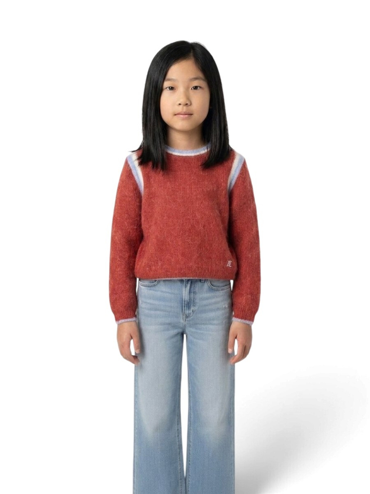 Merlot red gebreide pull met blauw/ecru afwerking