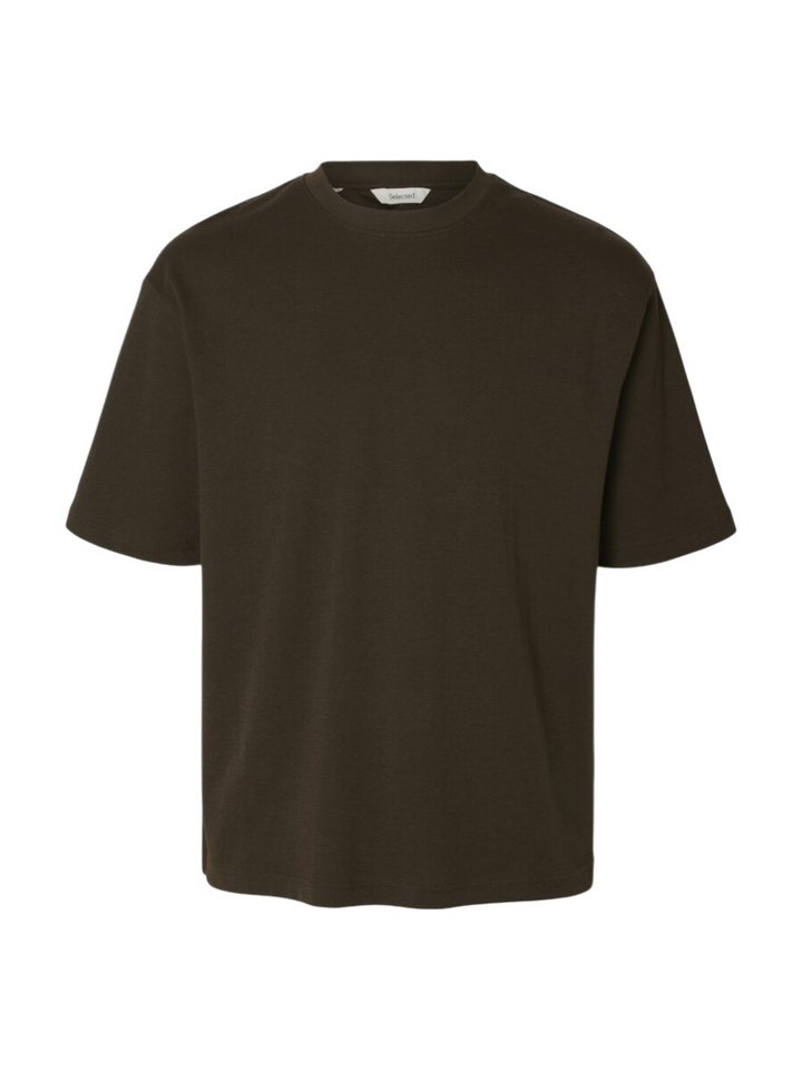 Donkebruine katoenen T-shirt Selected