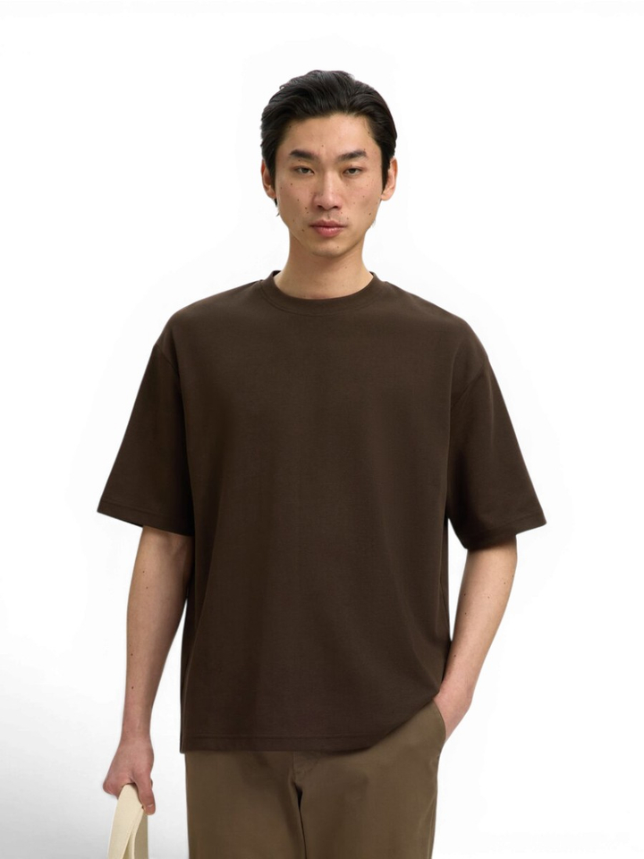 Donkebruine katoenen T-shirt Selected