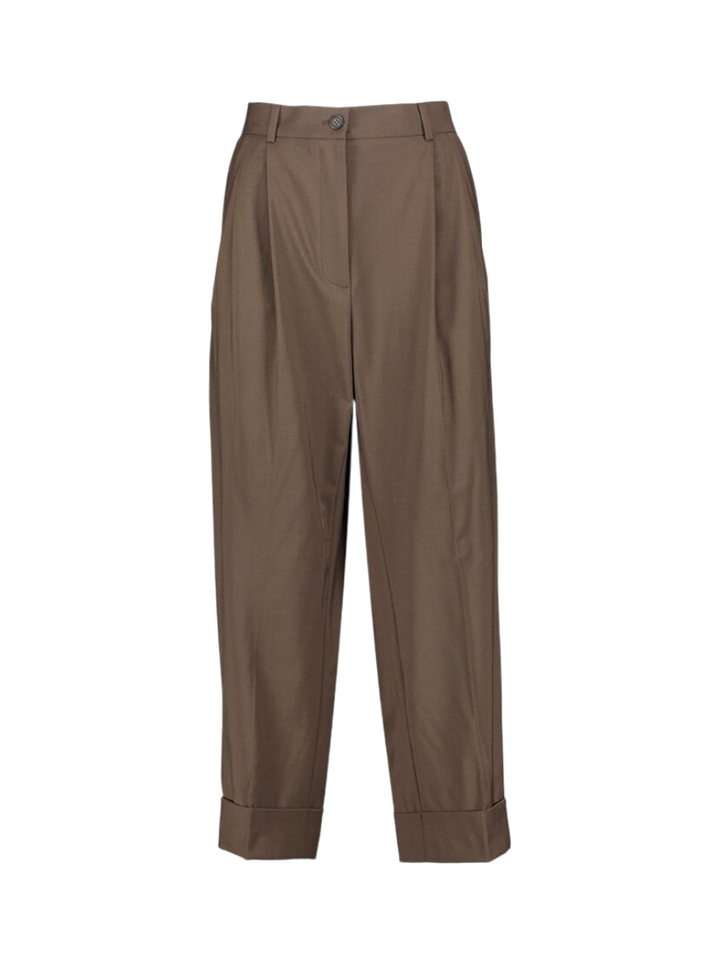 Bruine wijde 7/8 broek met bandplooi en wol Zenggi