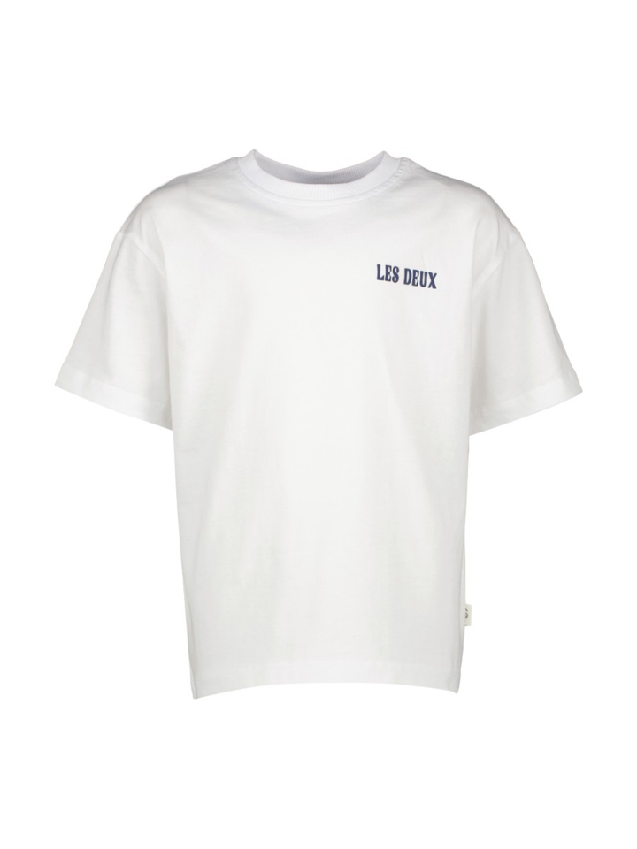 Witte katoenen t-shirt met donkerblauwe tekening op achterkant Les Deux