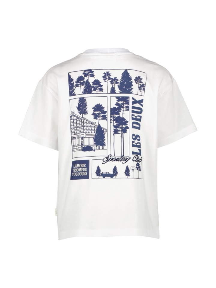 Witte katoenen t-shirt met donkerblauwe tekening op achterkant Les Deux