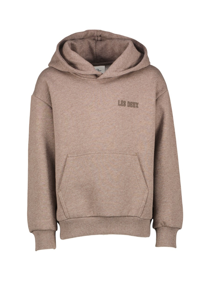 Bruine katoenen sweater met kap en tekening op achterkant Les Deux
