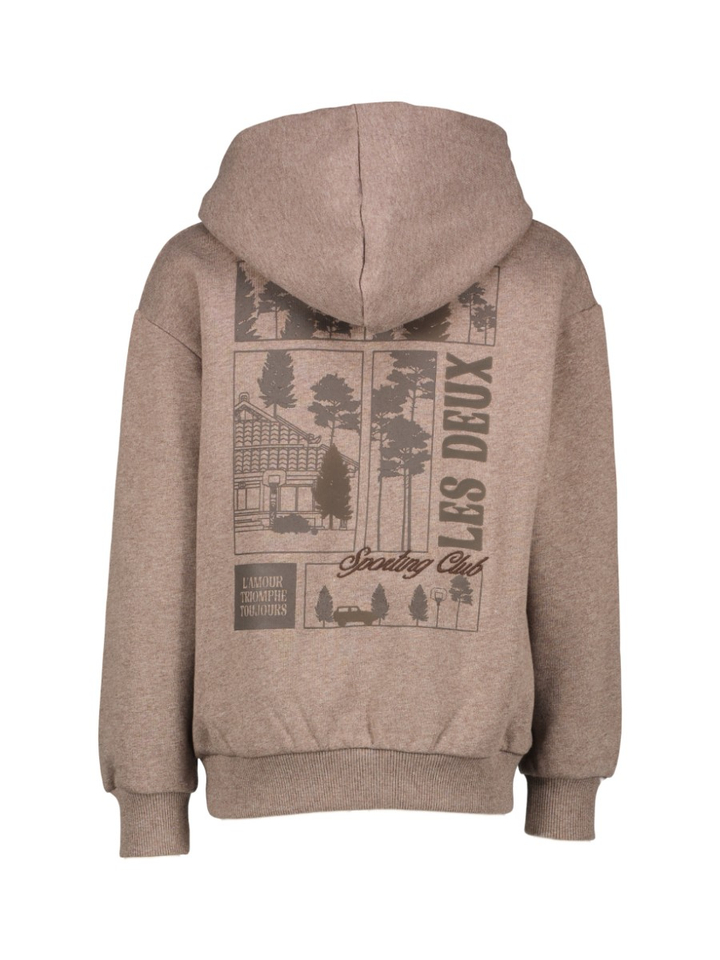 Bruine katoenen sweater met kap en tekening op achterkant Les Deux