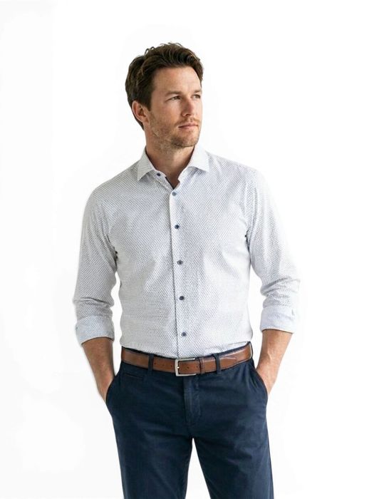 Blauw katoenen hemd met print (slim fit) met lange mouwen Fakts