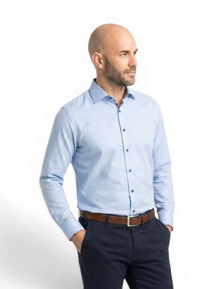 Lichtblauw katoenen hemd (regular fit) met details en extra lange mouwen Olymp 