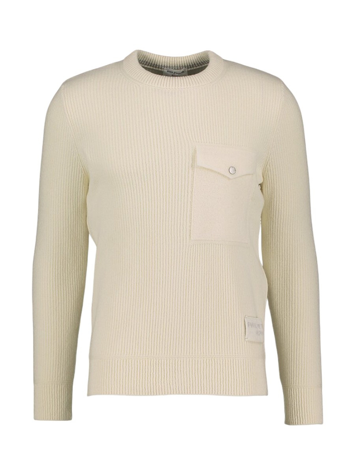 Ecru gebreide wollen trui met borstzak Crew Neck Phil Petter 
