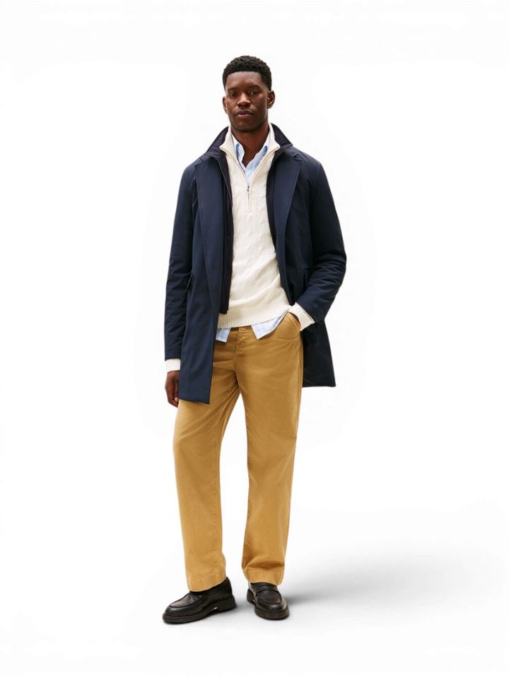 Donkerblauwe lange jas met knopen en rits Tommy Hilfiger