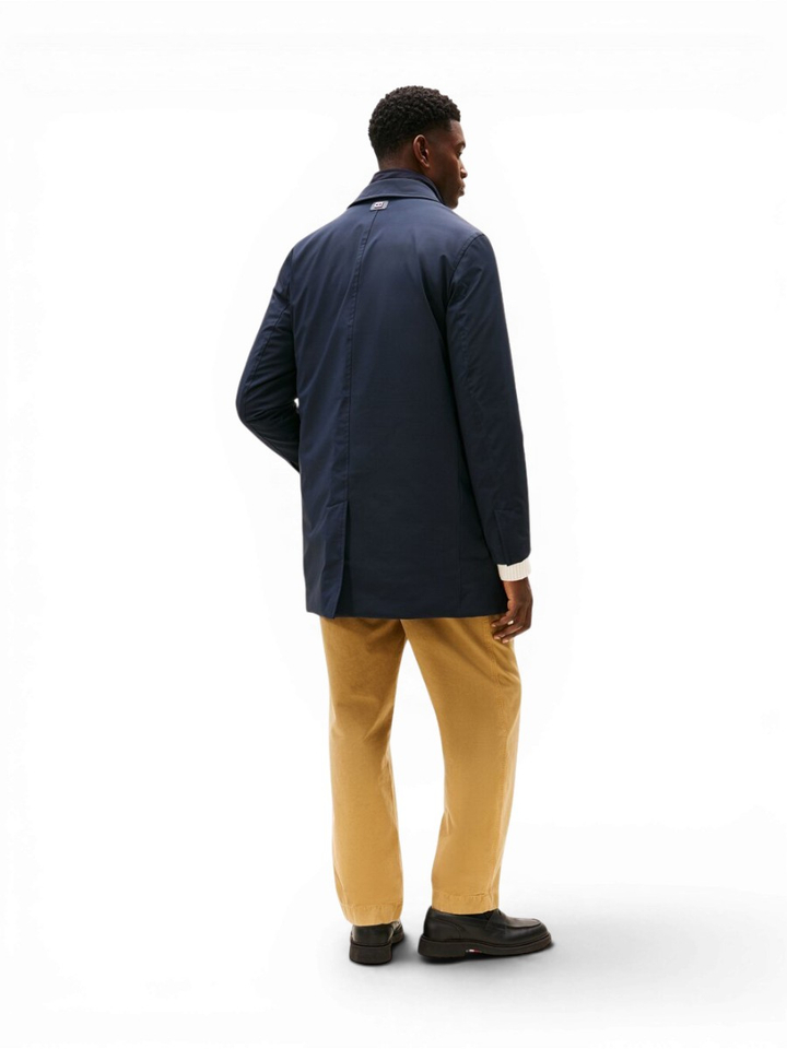 Donkerblauwe lange jas met knopen en rits Tommy Hilfiger