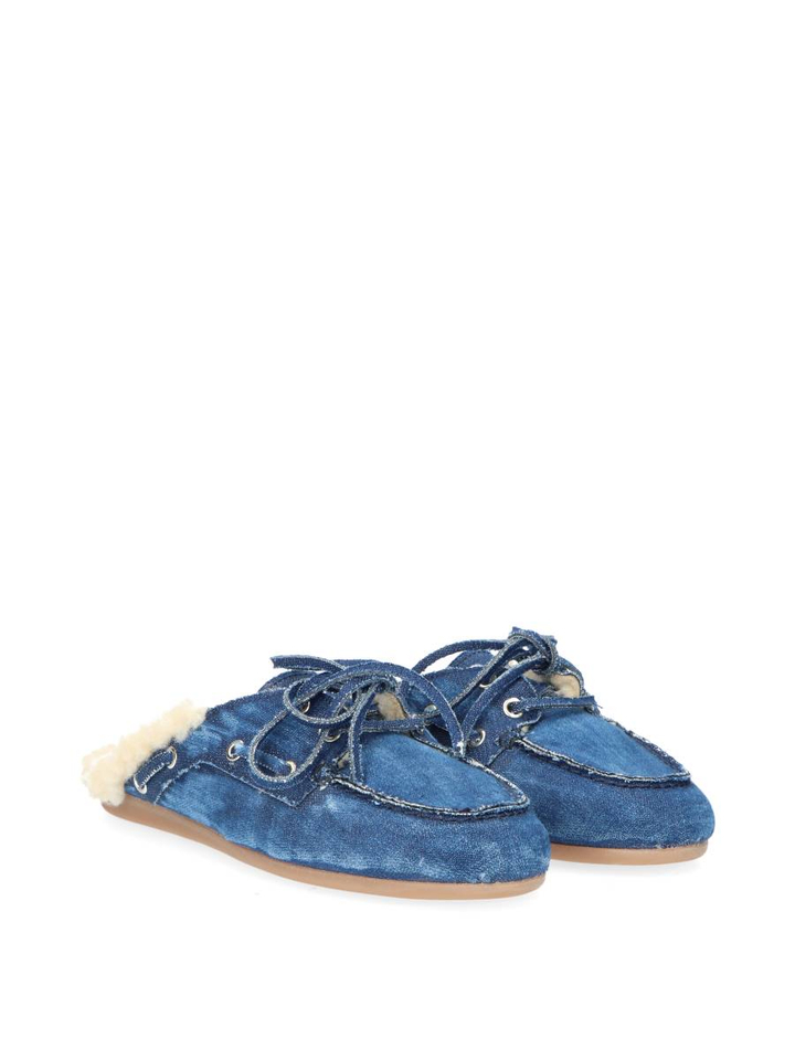 Blauwe boatloafer mule hairy fur denim Posa 