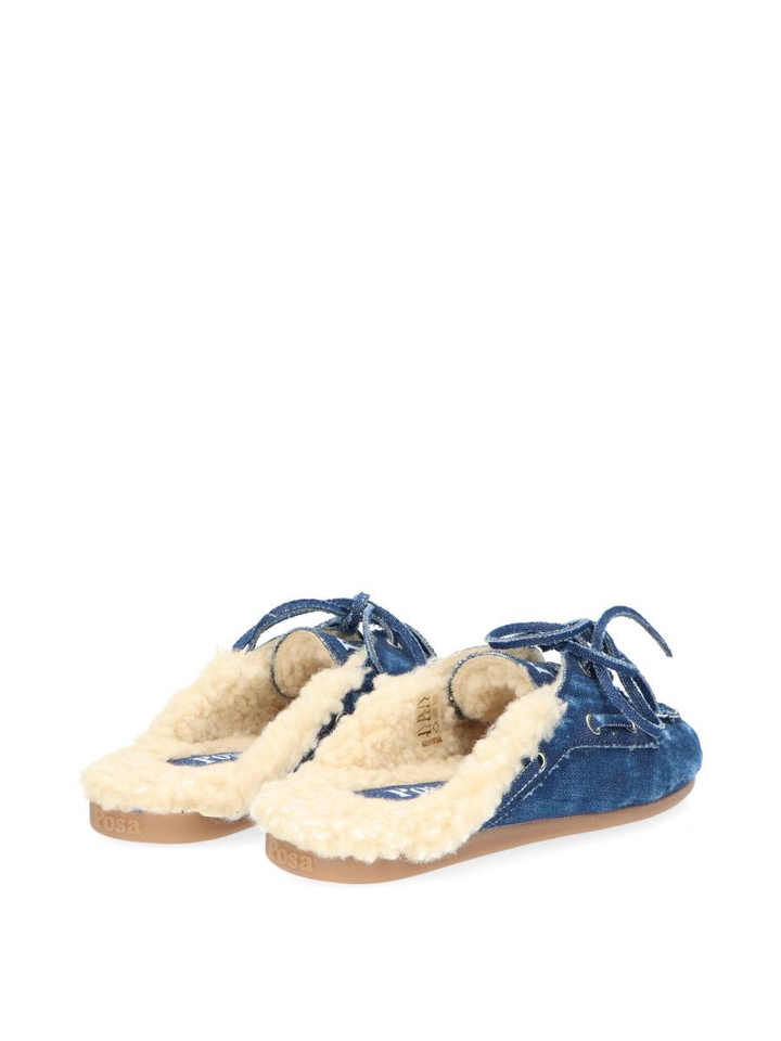 Blauwe boatloafer mule hairy fur denim Posa 