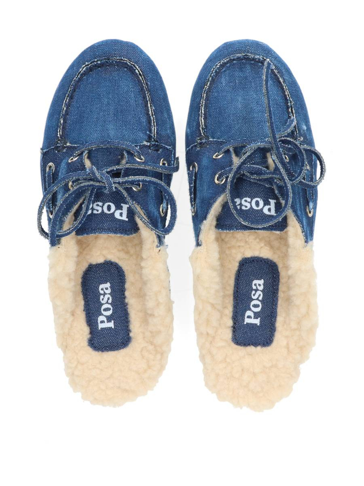 Blauwe boatloafer mule hairy fur denim Posa 