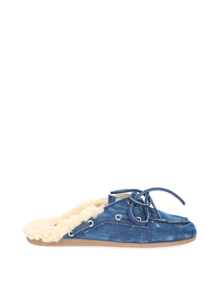 Blauwe boatloafer mule hairy fur denim Posa 