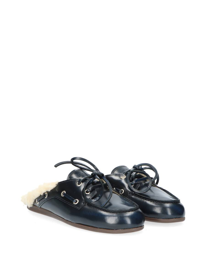 Donkerblauwe boatloafer mule fur box Posa