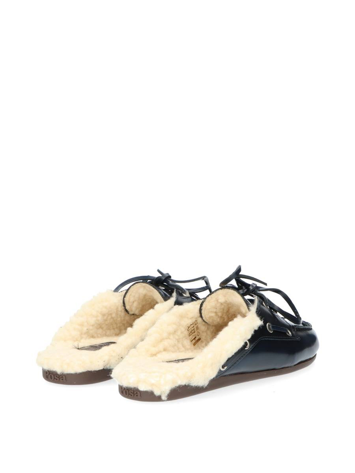 Donkerblauwe boatloafer mule fur box Posa