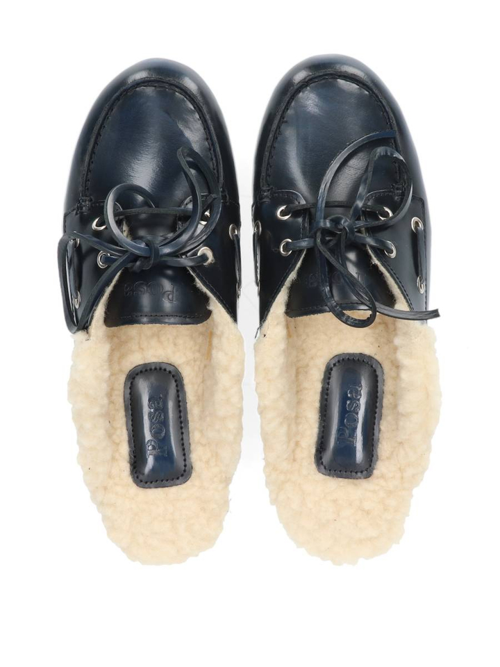 Donkerblauwe boatloafer mule fur box Posa