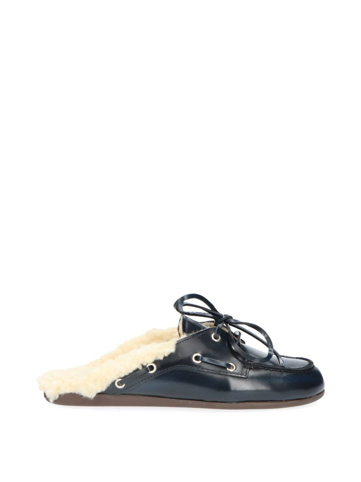 Donkerblauwe boatloafer mule fur box Posa
