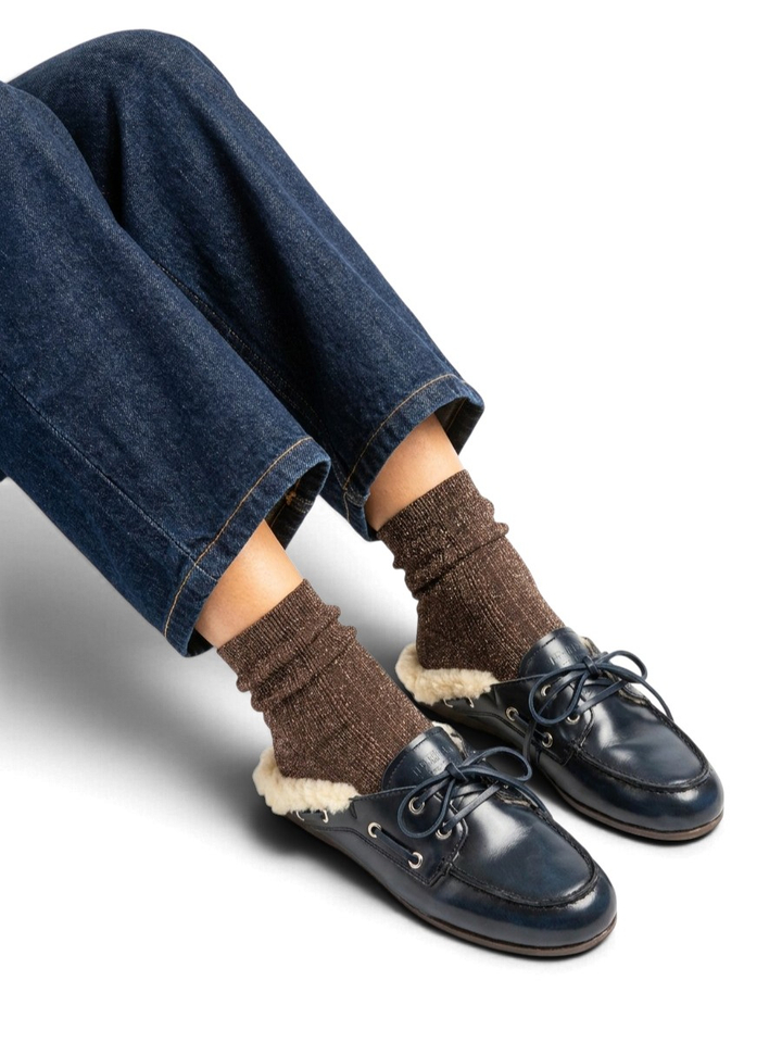 Donkerblauwe boatloafer mule fur box Posa